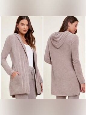 Barefoot Dreams CozyChic Lite Hooded Cardigan Taupe Open Front